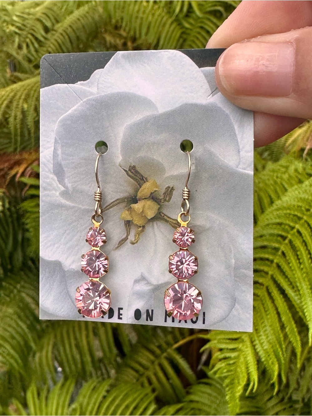 Three-Stone Pink Crystal Drop Earrings with Gold Hooks